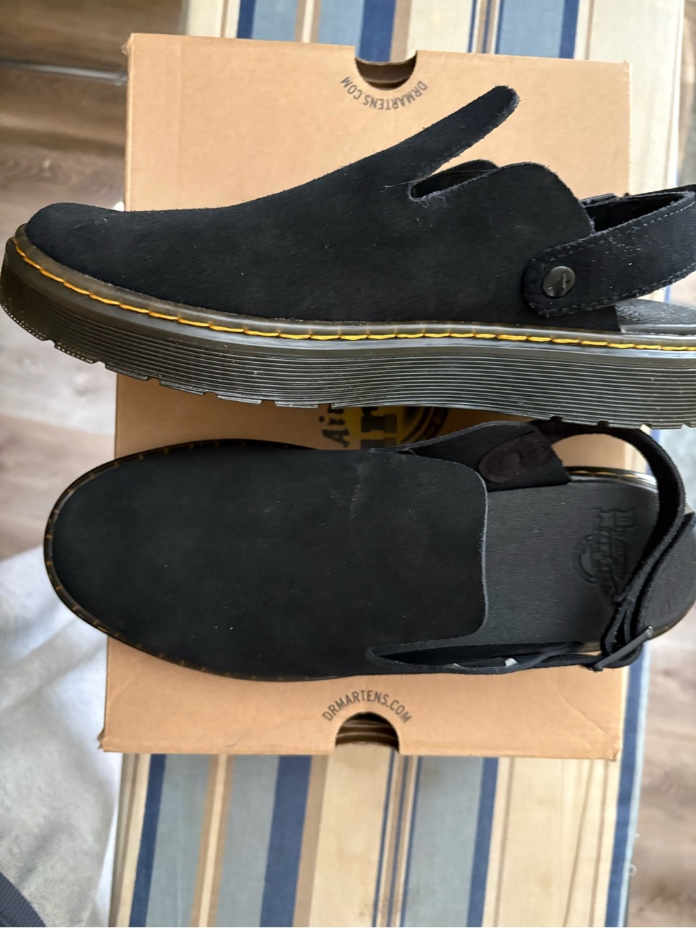 Dr. Martens Black Suede Slip-On Slingback Loafers with Yellow Stitching